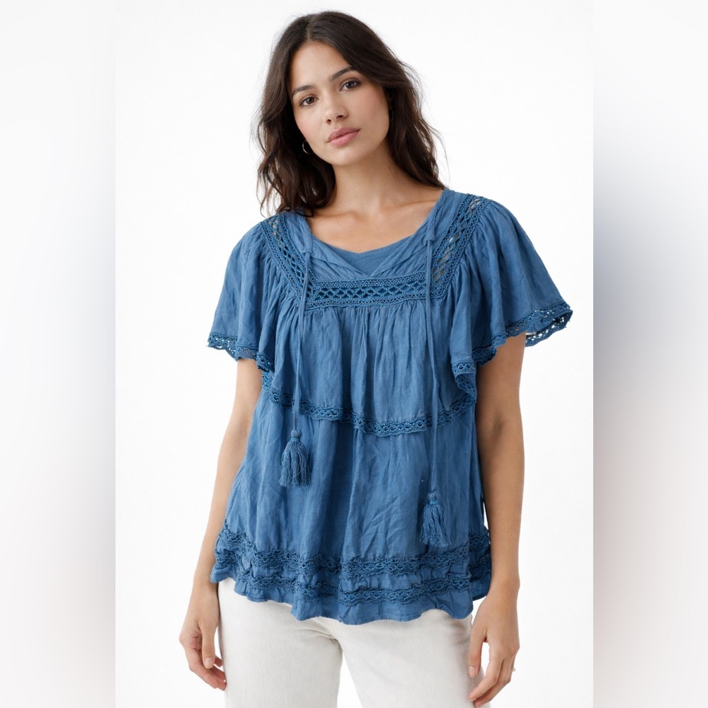 Sea New York Boho Ruffle Tassel Peasant Top - Blue